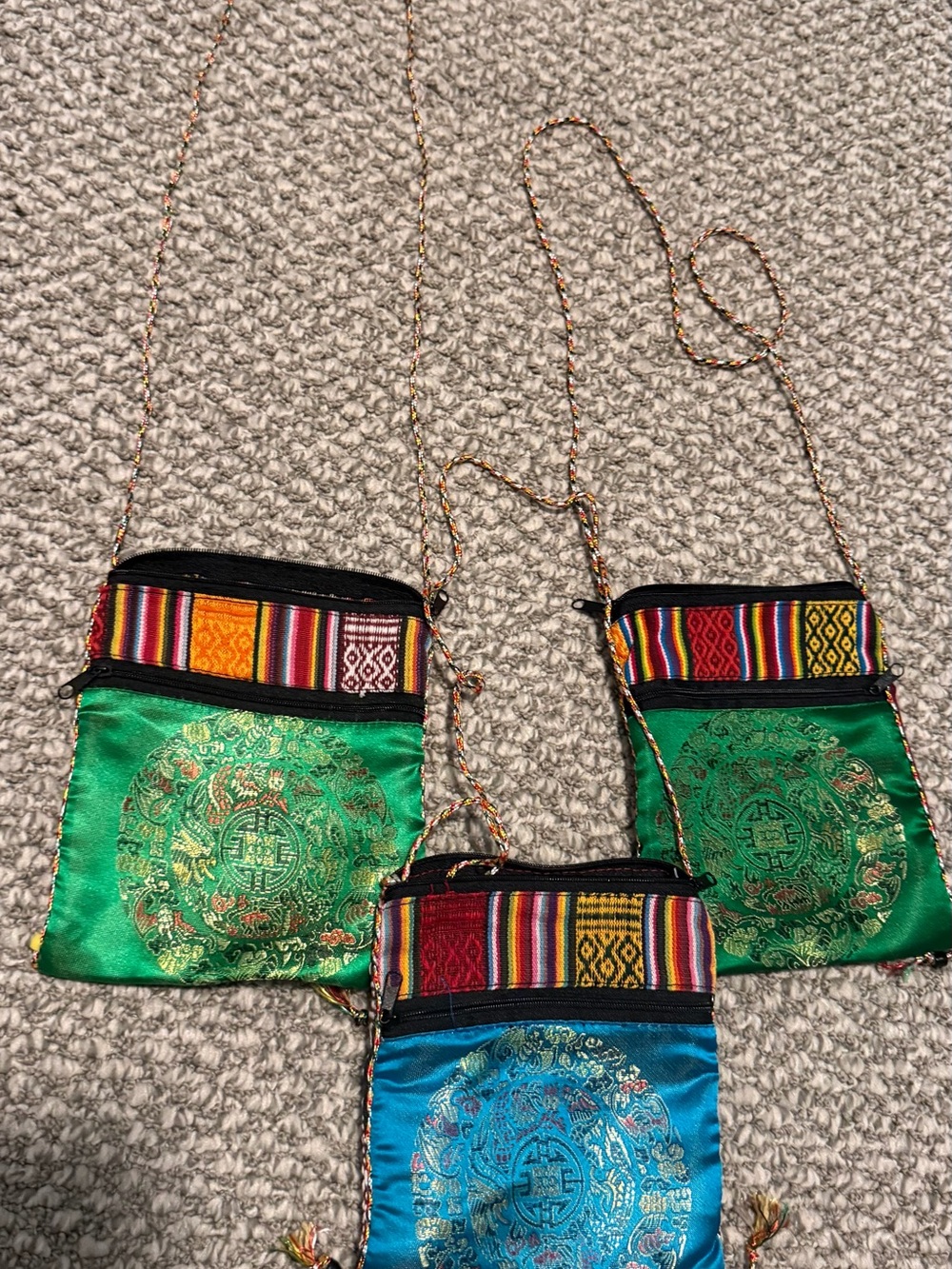 Embroidered Silk Crossbody zip Bags - Green& blue (handmade from Sari material)